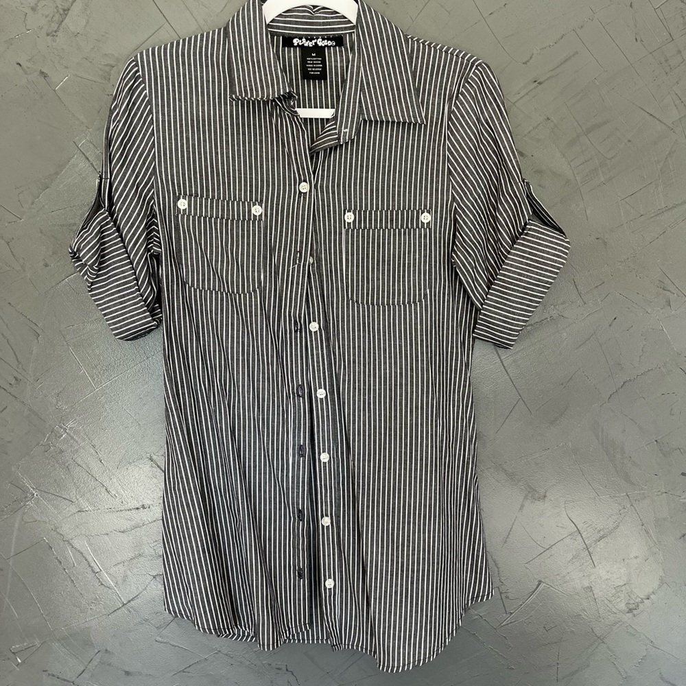 Planet Gold - Dark Gray and White Striped Button Down Shirt